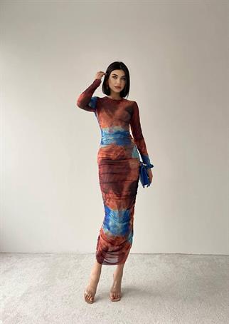 Rainbow Uzun Streç Büzgülü Renkli Elbise