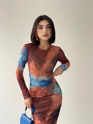 Rainbow Uzun Streç Büzgülü Renkli Elbise