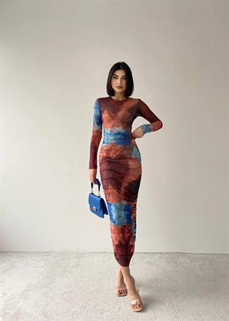 Rainbow Uzun Streç Büzgülü Renkli Elbise