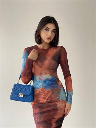 Rainbow Uzun Streç Büzgülü Renkli Elbise