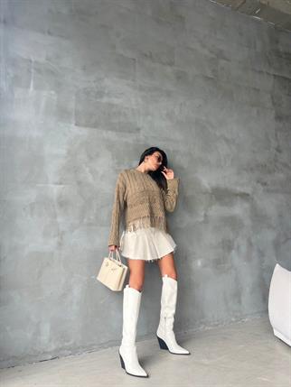 Robin Püsküllü Triko Kazak - Bej