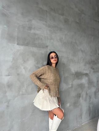 Robin Püsküllü Triko Kazak - Bej