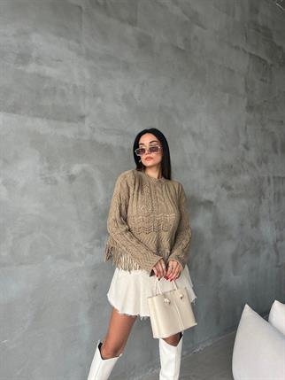Robin Püsküllü Triko Kazak - Bej