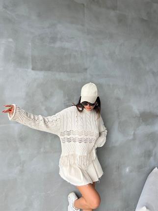 Robin Püsküllü Triko Kazak - Krem