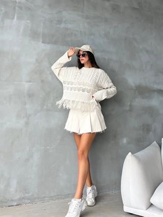 Robin Püsküllü Triko Kazak - Krem