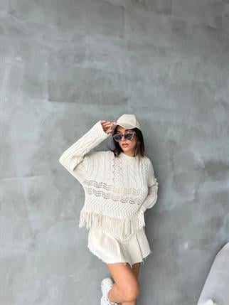 Robin Püsküllü Triko Kazak - Krem