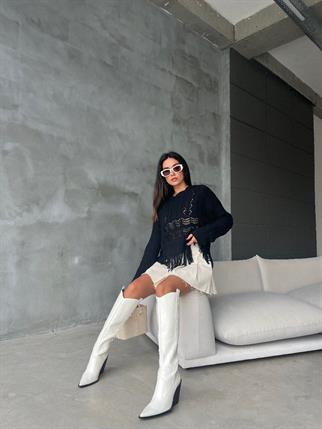 Robin Püsküllü Triko Kazak - Siyah