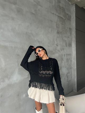 Robin Püsküllü Triko Kazak - Siyah