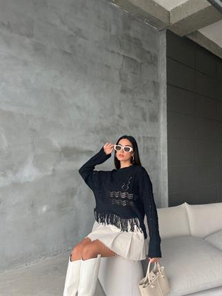 Robin Püsküllü Triko Kazak - Siyah