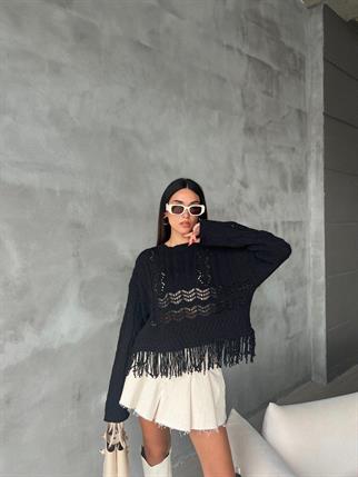 Robin Püsküllü Triko Kazak - Siyah