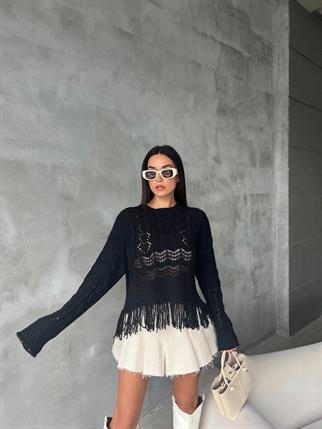 Robin Püsküllü Triko Kazak - Siyah