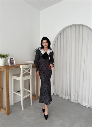 Roza Puantiyeli Fırfır Detay Yaka Uzun Elbise