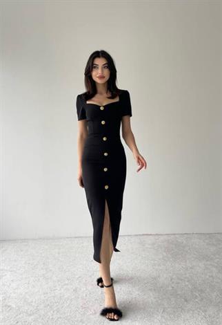 Sadie Gold Düğme Detaylı Midi Boy Elbise 