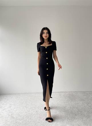 Sadie Gold Düğme Detaylı Midi Boy Elbise 
