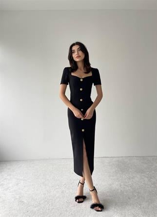 Sadie Gold Düğme Detaylı Midi Boy Elbise 