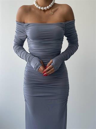 Sandy Kayık Yaka Uzun Chayla Elbise