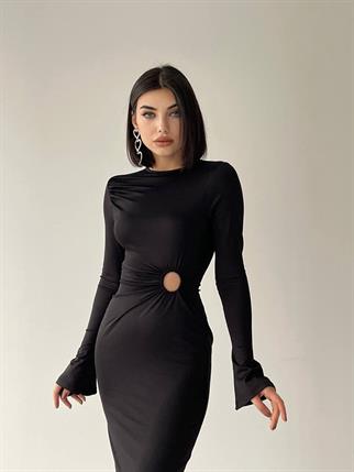 Sanem Siyah Uzun Minimal Dekolteli Elbise 