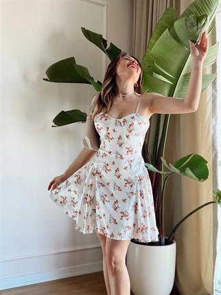 Saten Çiçekli Askılı Elbise - Kırmızı