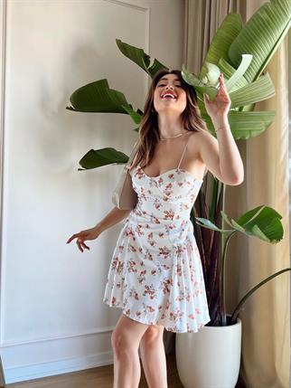 Saten Çiçekli Askılı Elbise - Kırmızı