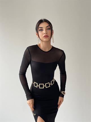 Selin Midi Siyah Tül Detay Yırtmaçlı Elbise