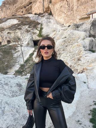 Serra Crop Deri Ceket - Siyah