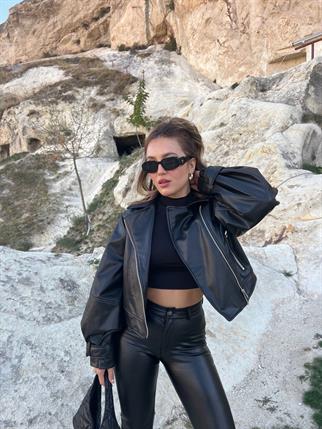 Serra Crop Deri Ceket - Siyah