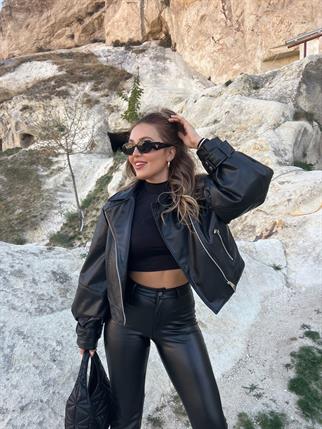 Serra Crop Deri Ceket - Siyah