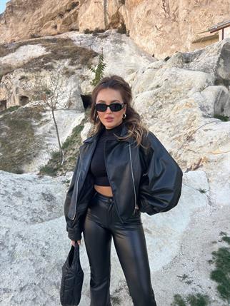 Serra Crop Deri Ceket - Siyah