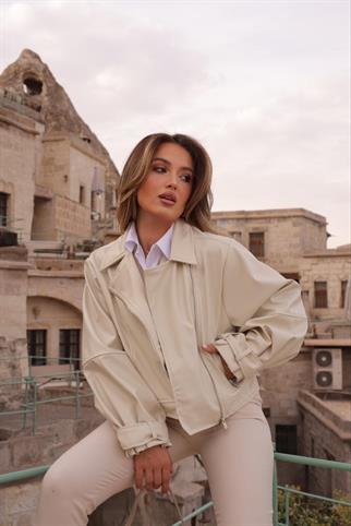 Serra Crop Deri Ceket - Krem