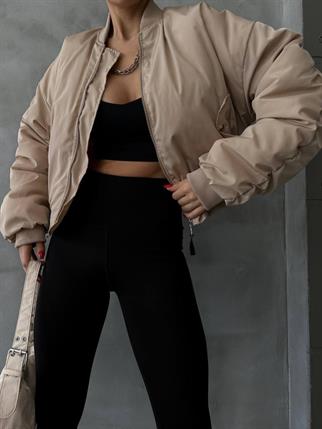 Short Pilot Bomber Ceket - Bej