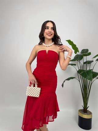 Şifon Astarlı Straplez Fırfır Detaylı Elbise