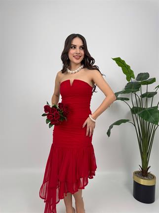 Şifon Astarlı Straplez Fırfır Detaylı Elbise