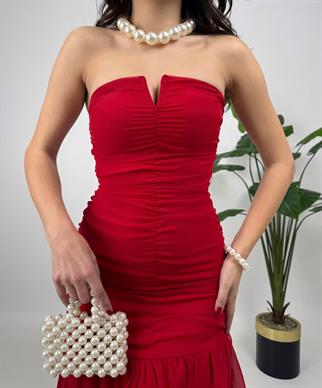 Şifon Astarlı Straplez Fırfır Detaylı Elbise