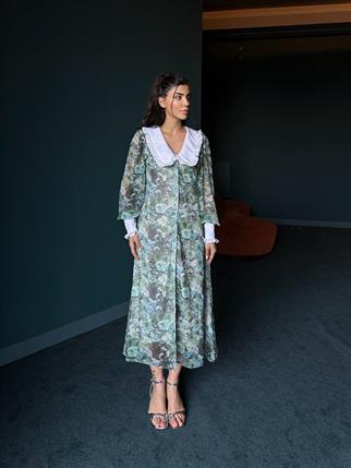 Şifon Bebe Yaka Çiçekli Yeşil Elbise