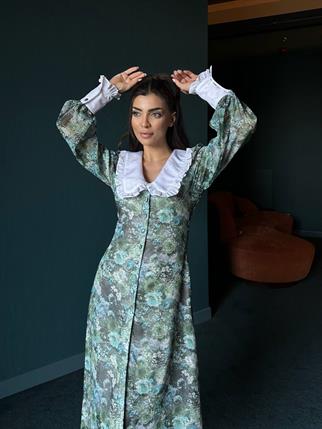 Şifon Bebe Yaka Çiçekli Yeşil Elbise