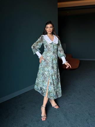 Şifon Bebe Yaka Çiçekli Yeşil Elbise