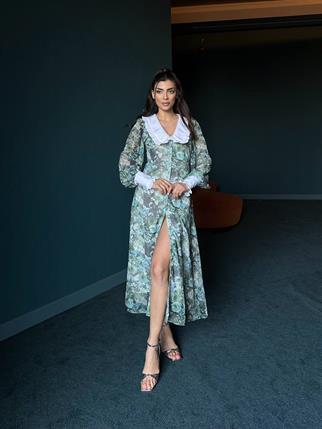 Şifon Bebe Yaka Çiçekli Yeşil Elbise