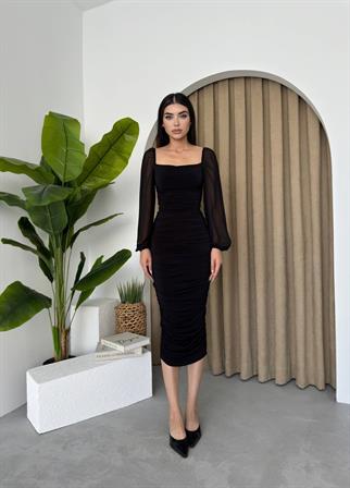 Sildane Drapeli Tül Kol Elbise