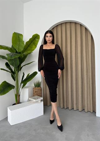 Sildane Drapeli Tül Kol Elbise