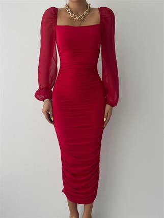 Sildane Drapeli Tül Kol Elbise