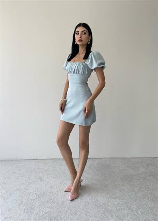  Sırt Dekolteli Atlas Elbise -6751 - Mavi