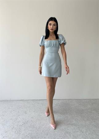  Sırt Dekolteli Atlas Elbise -6751 - Mavi