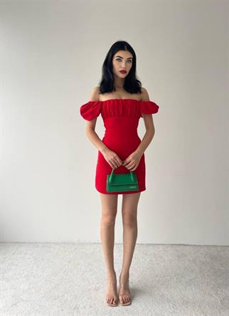  Sırt Dekolteli Atlas Elbise-6751 - Kırmızı