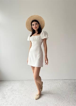  Sırt Dekolteli Atlas Elbise -6751 - Beyaz