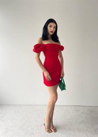  Sırt Dekolteli Atlas Elbise-6751 - Kırmızı