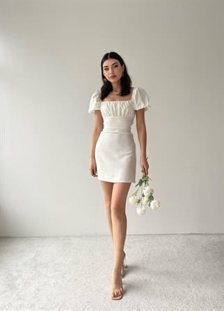  Sırt Dekolteli Atlas Elbise -6751 - Beyaz