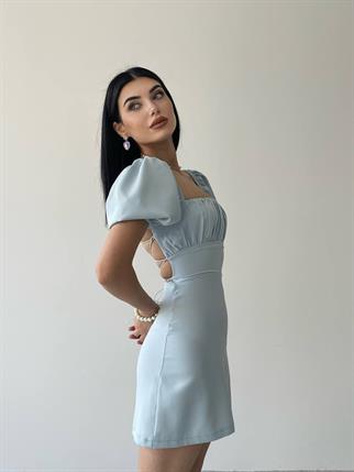  Sırt Dekolteli Atlas Elbise -6751 - Mavi