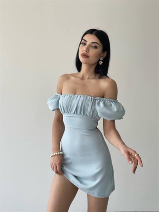  Sırt Dekolteli Atlas Elbise -6751 - Mavi