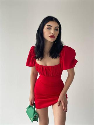  Sırt Dekolteli Atlas Elbise-6751 - Kırmızı