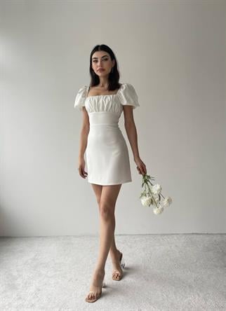  Sırt Dekolteli Atlas Elbise -6751 - Beyaz